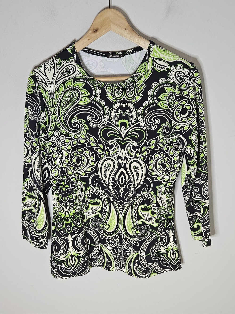 J. McLaughlin 3/4 Sleeve Top Catalina Cloth Green Black Paisley Scoop Neck M